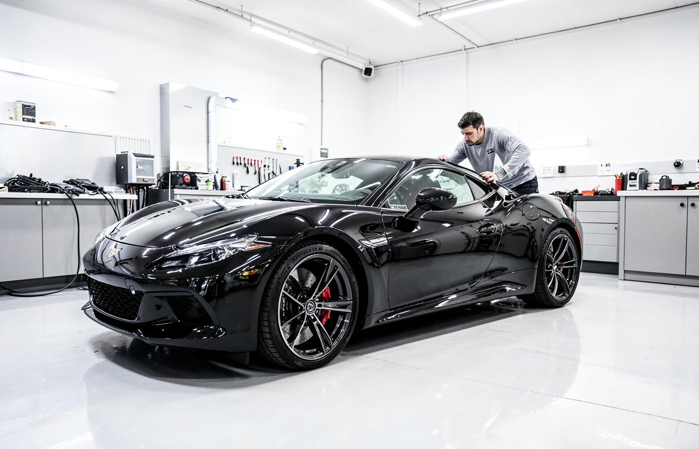Black sports car in a professional auto detailing studio